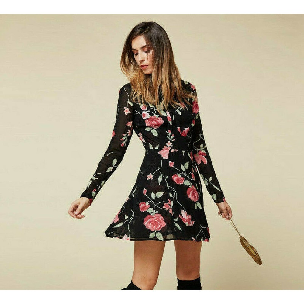 Reformation Portia Floral Print Black Mini Dress